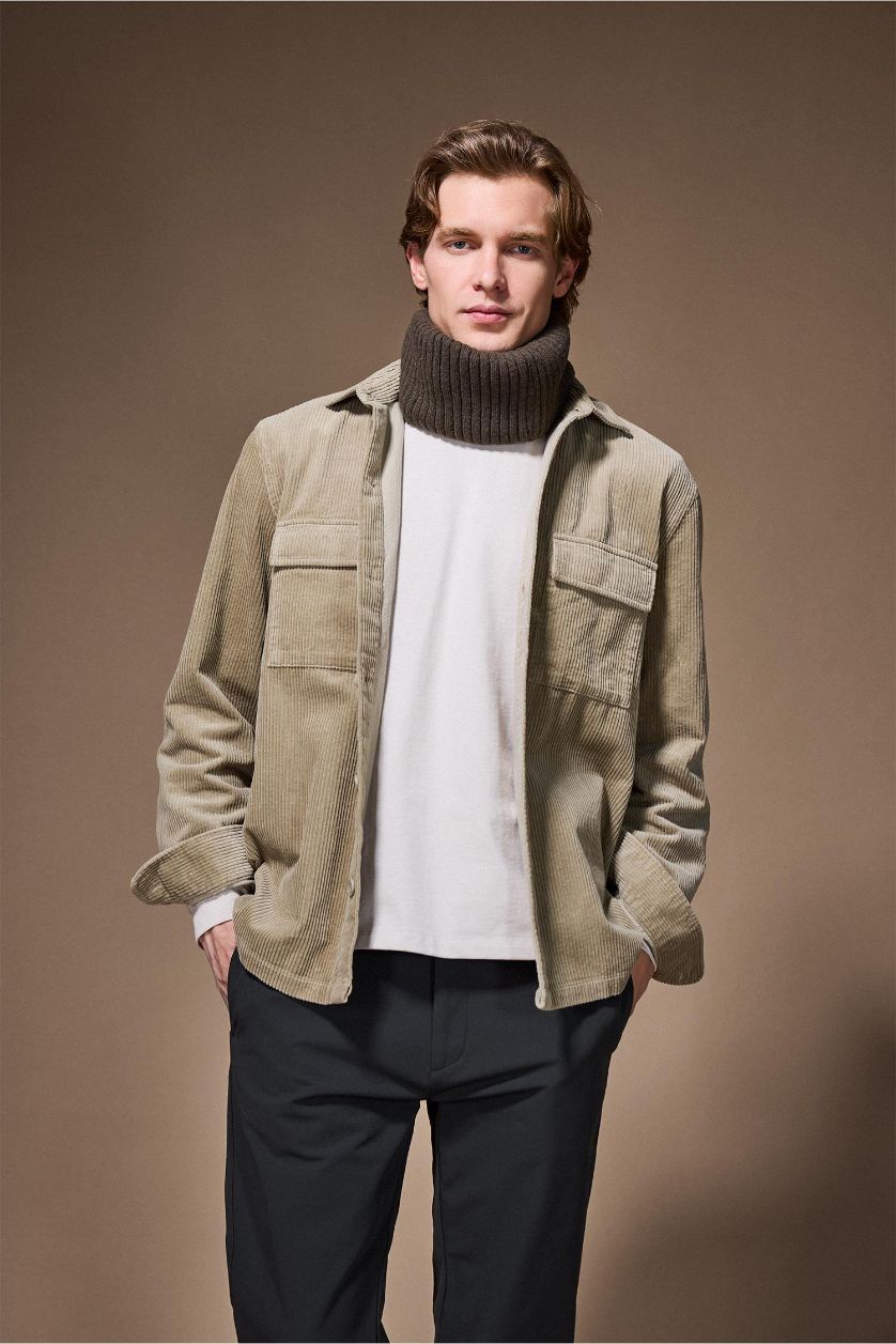 MAN Khaki Regular Fit Polo Collar Long Sleeve Corduroy Shirt