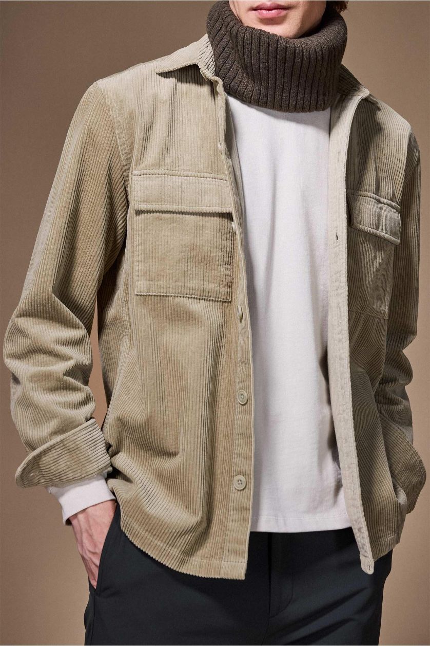 MAN Khaki Regular Fit Polo Collar Long Sleeve Corduroy Shirt