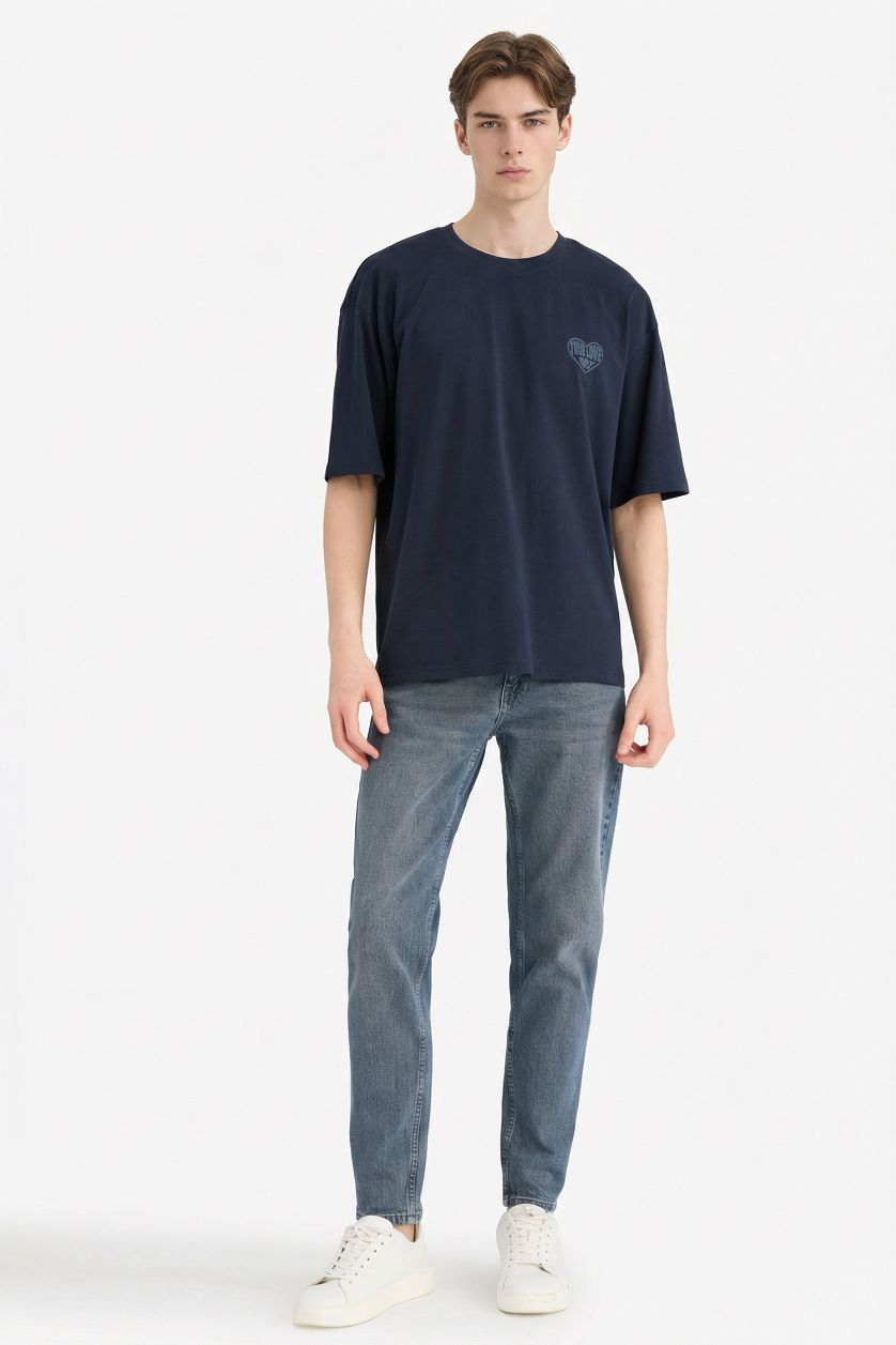 Man NAVY تيشيرت قطن نص ردن اوفر سايز بياخة مستديرة