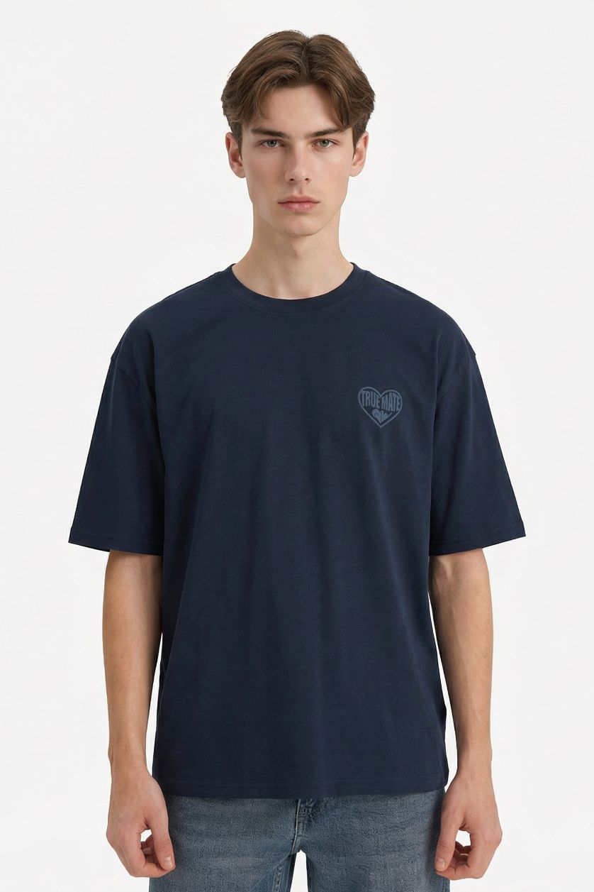 Man NAVY تيشيرت قطن نص ردن اوفر سايز بياخة مستديرة