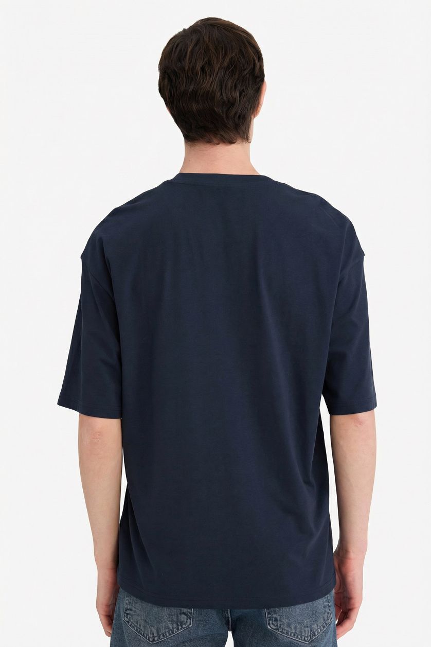 Man NAVY تيشيرت قطن نص ردن اوفر سايز بياخة مستديرة