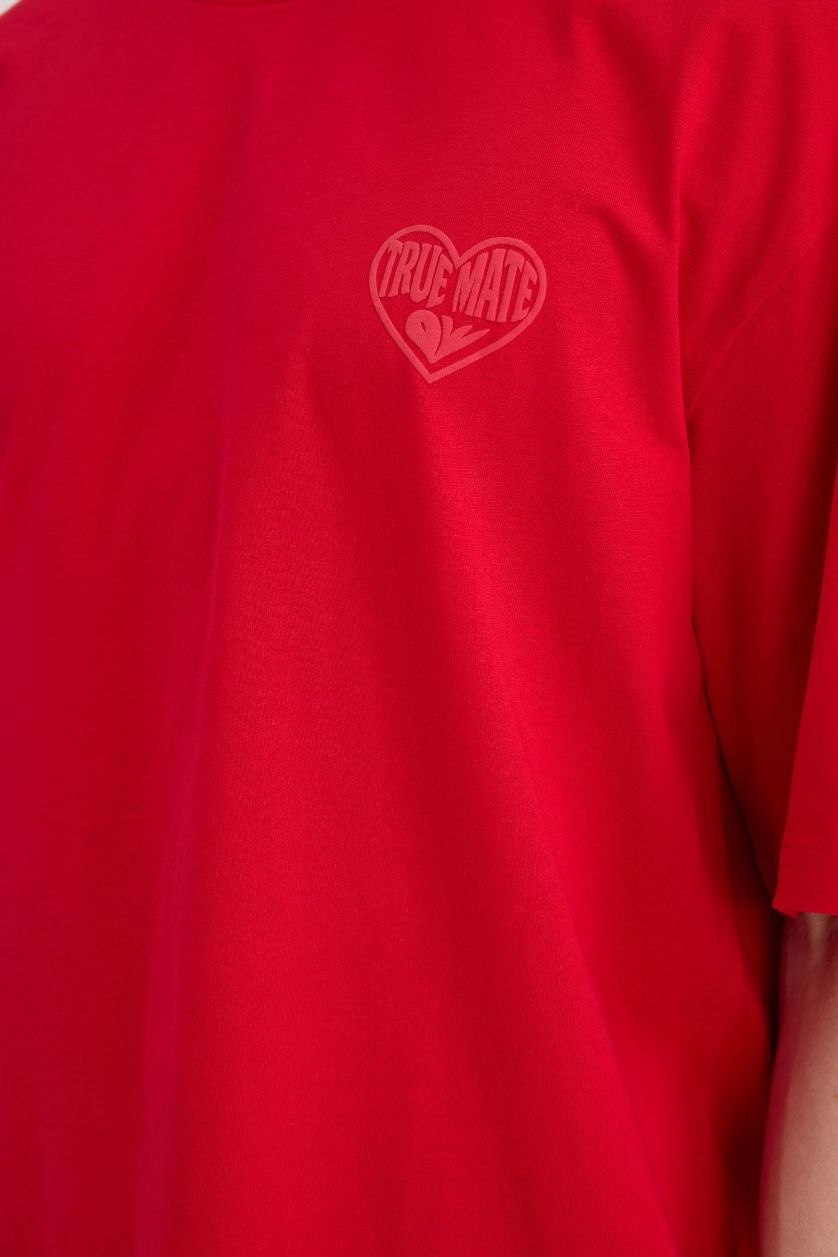 Erkek Kırmızı %100 Pamuk Boxy Fit Baskılı Tişört