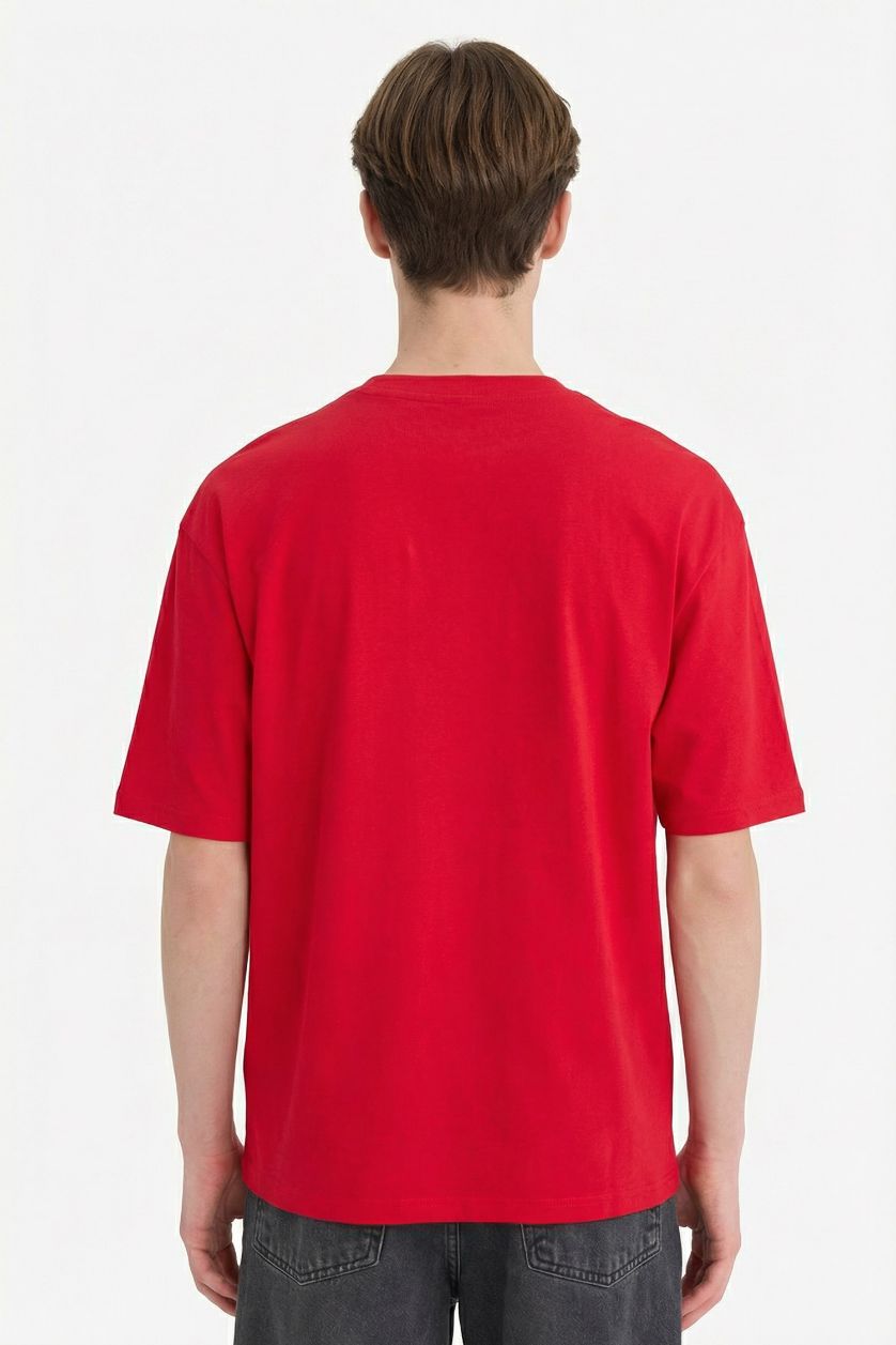 Erkek Kırmızı %100 Pamuk Boxy Fit Baskılı Tişört