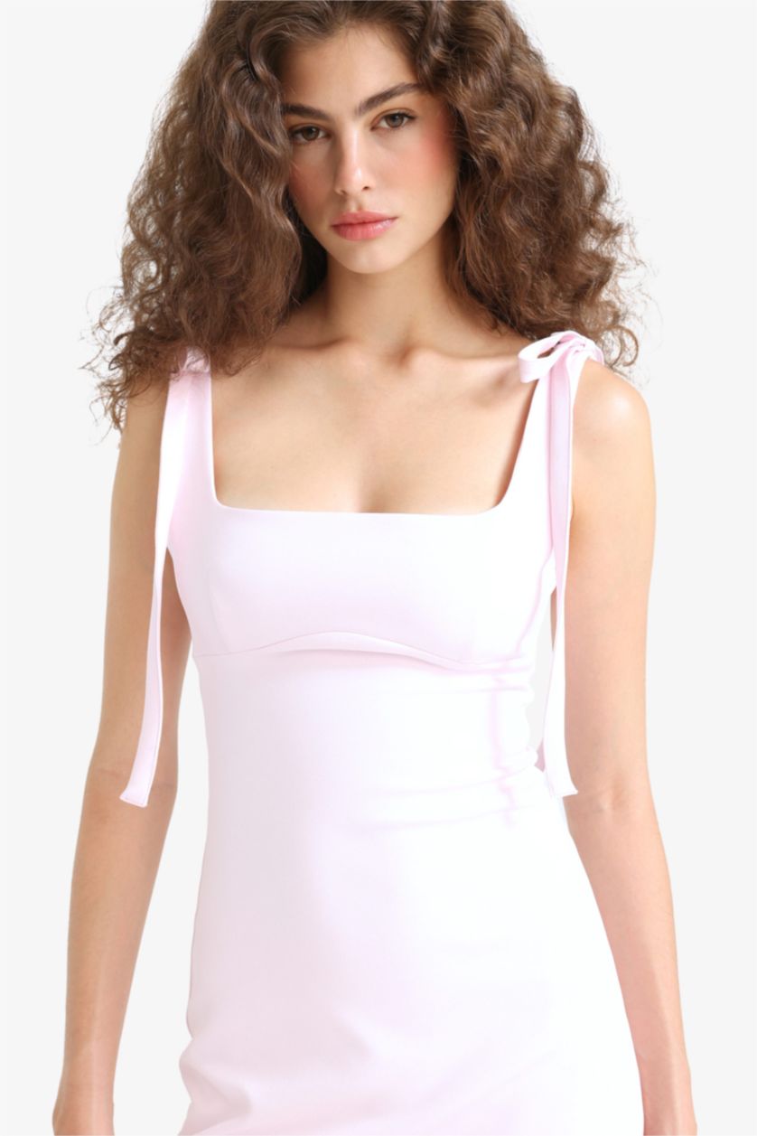 Kadın Açık Pembe Bodycon Vücudu Saran Kare Yaka Kolsuz Mini Elbise