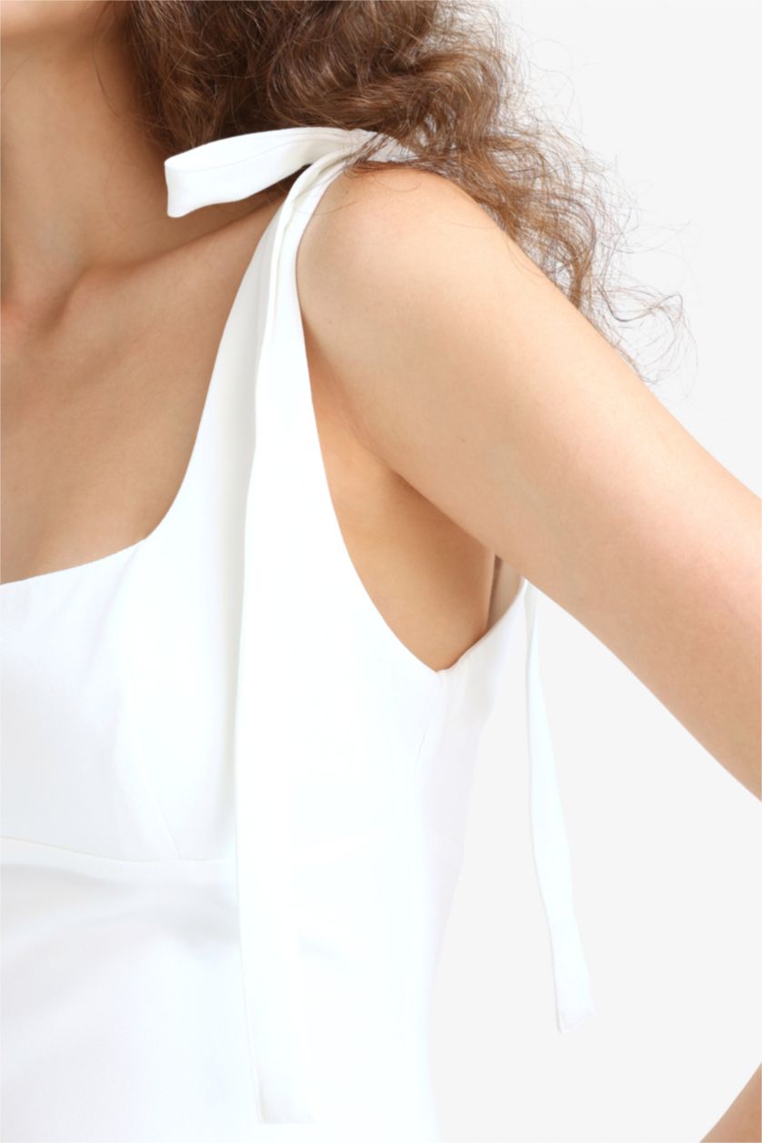 Kadın Kırık Beyaz Bodycon Vücudu Saran Kare Yaka Kolsuz Mini Elbise