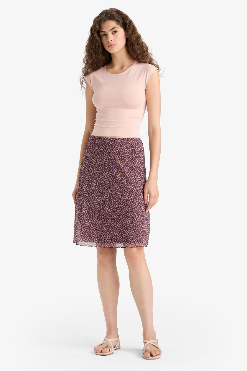 Woman Bordeaux A Cut Floral Tulle Normal Waist Midi Knitted Skirt