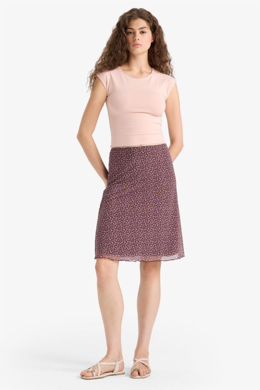 Woman Bordeaux A Cut Floral Tulle Normal Waist Midi Knitted Skirt