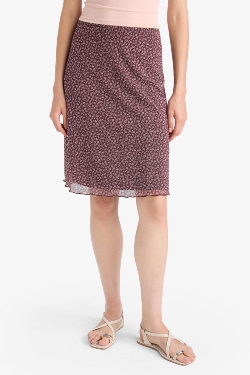 Woman Bordeaux A Cut Floral Tulle Normal Waist Midi Knitted Skirt