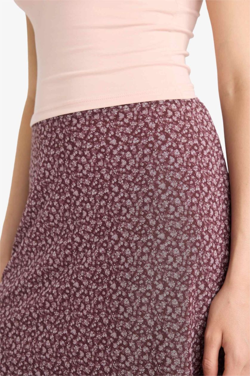 Woman Bordeaux A Cut Floral Tulle Normal Waist Midi Knitted Skirt