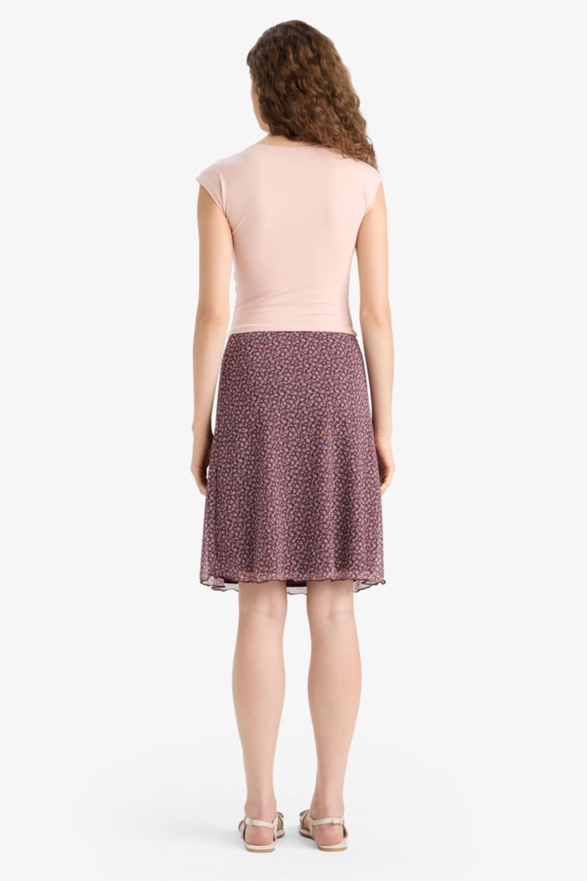 Woman Bordeaux A Cut Floral Tulle Normal Waist Midi Knitted Skirt