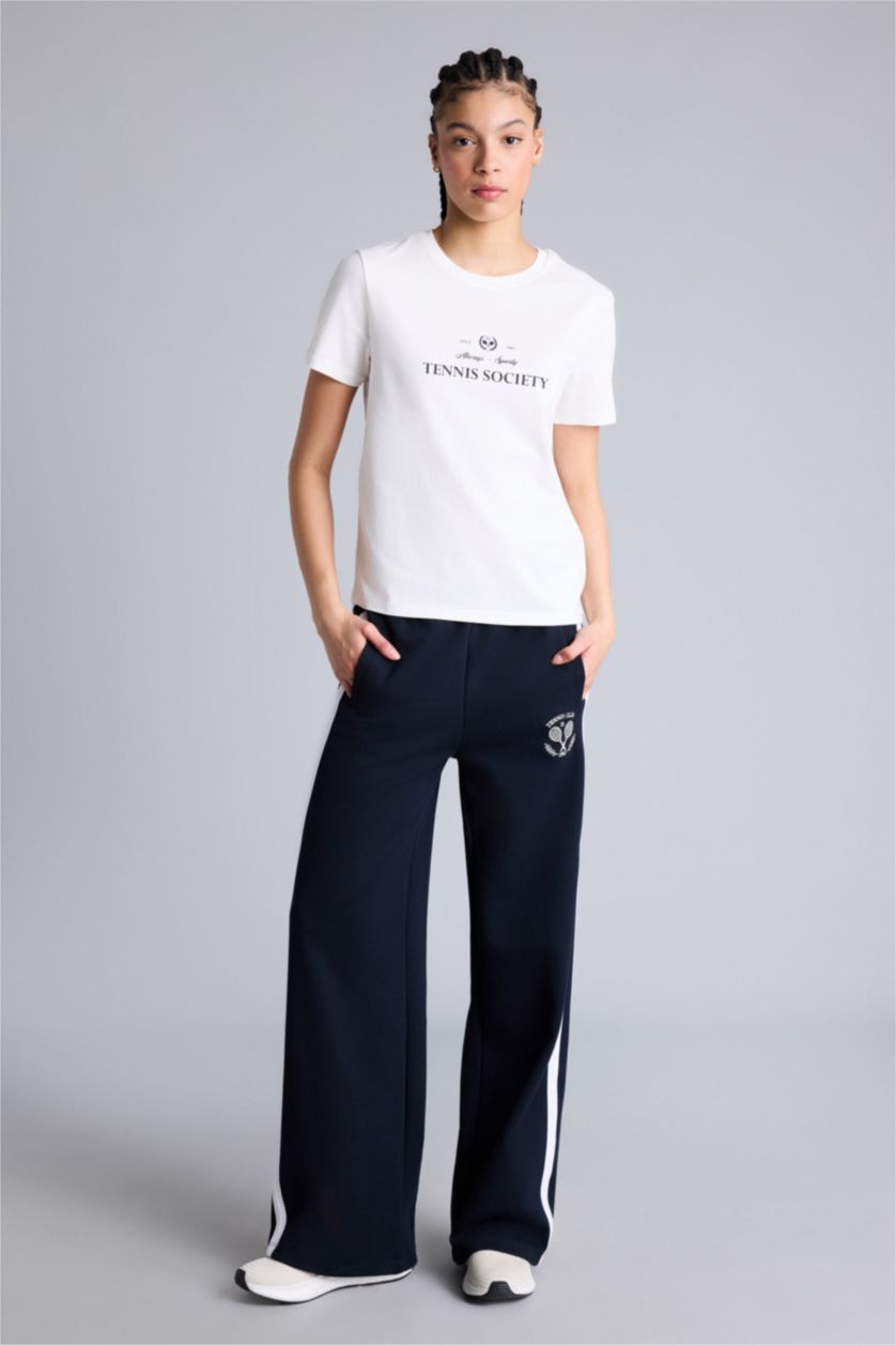 Kadın Ekru Standart Fıt Bisiklet Yaka Spor Baskılı Sporcu Kısa Kollu Tişört