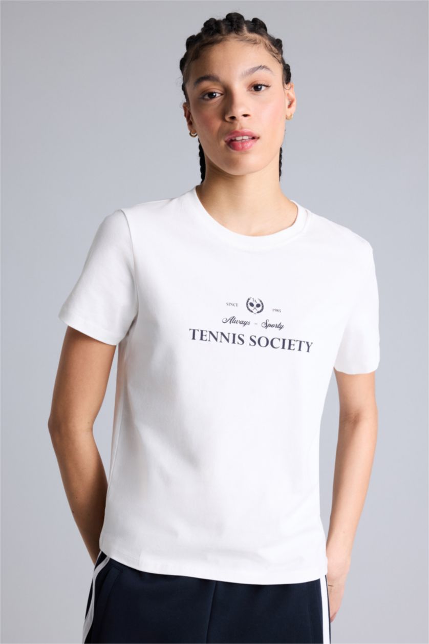 Kadın Ekru Standart Fıt Bisiklet Yaka Spor Baskılı Sporcu Kısa Kollu Tişört