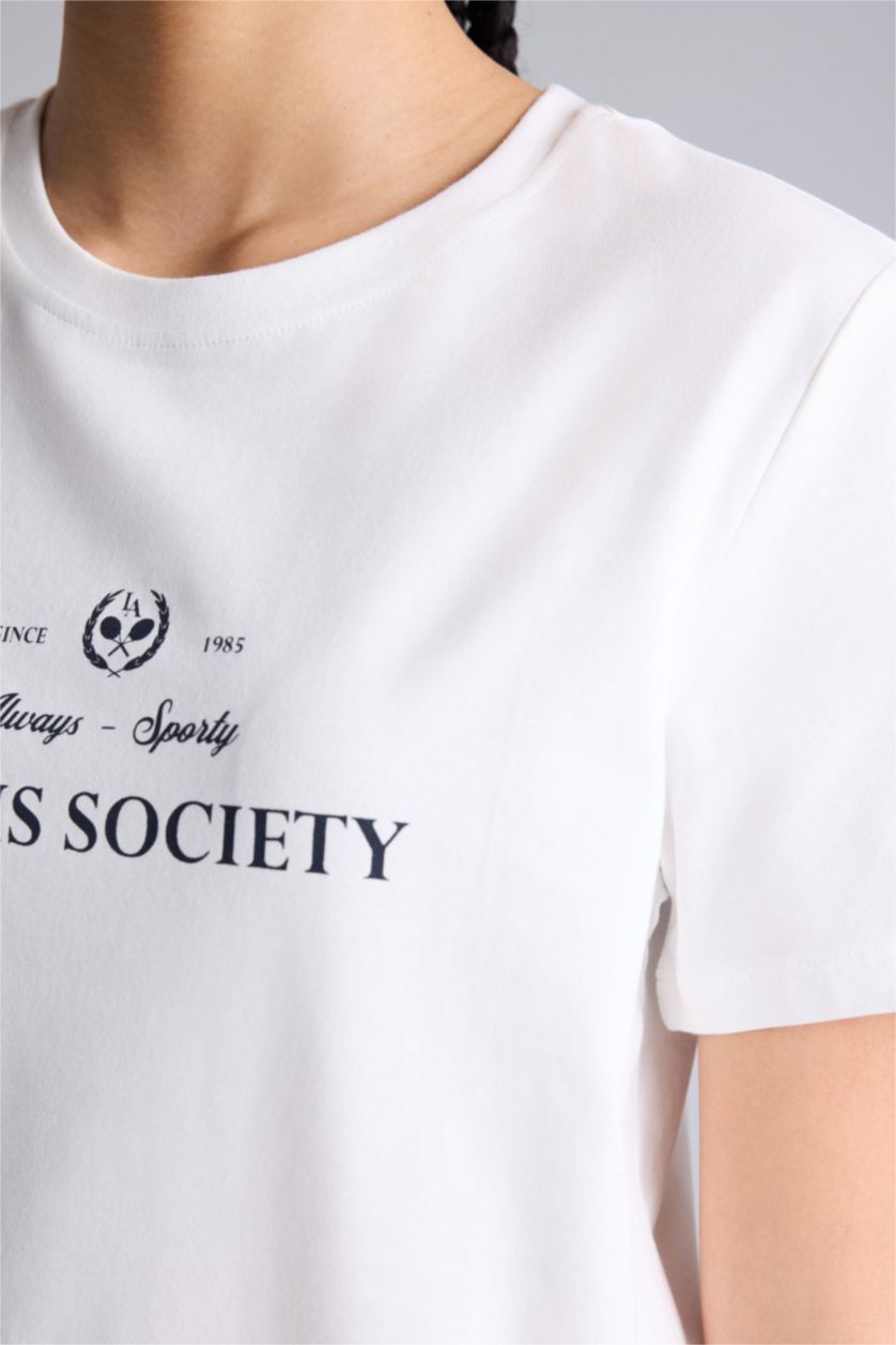 Kadın Ekru Standart Fıt Bisiklet Yaka Spor Baskılı Sporcu Kısa Kollu Tişört