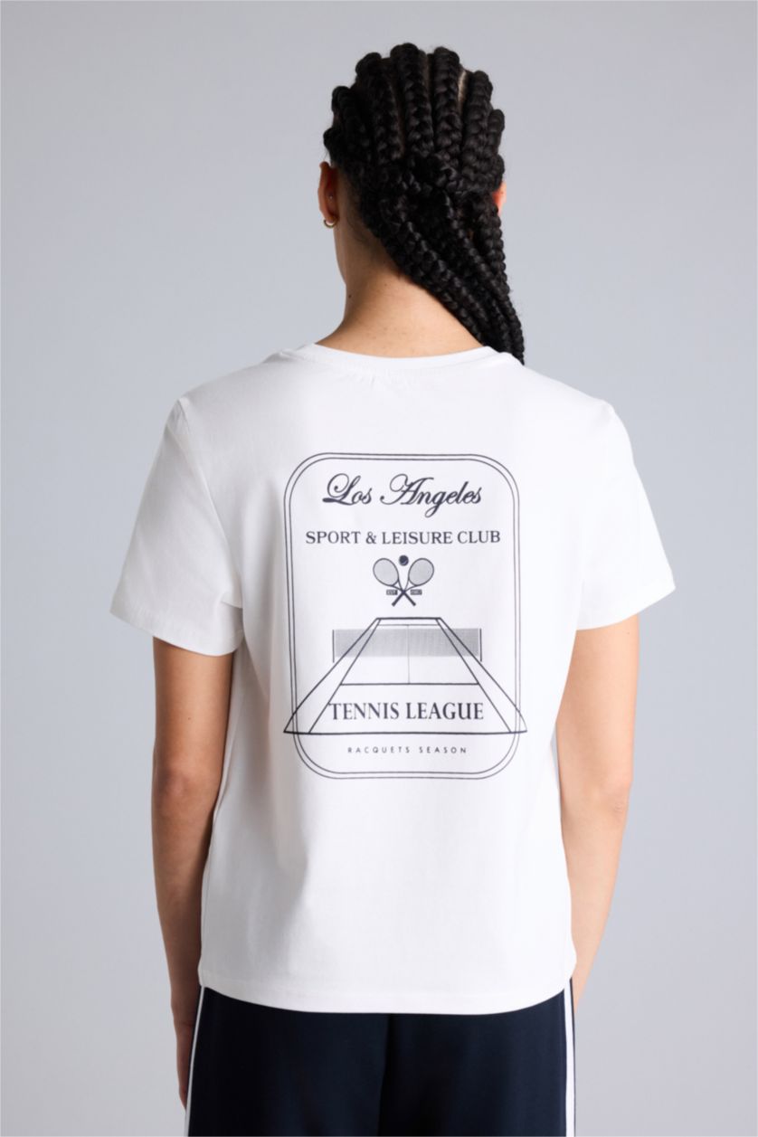 Kadın Ekru Standart Fıt Bisiklet Yaka Spor Baskılı Sporcu Kısa Kollu Tişört