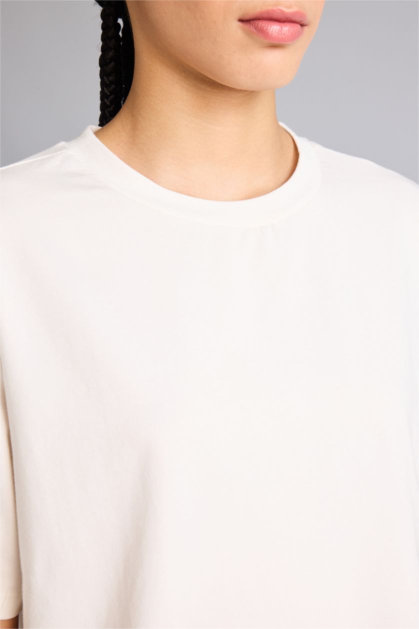 Woman Ecru Comfort Fit Crew Neck Long Sleeves Sports T-shirt