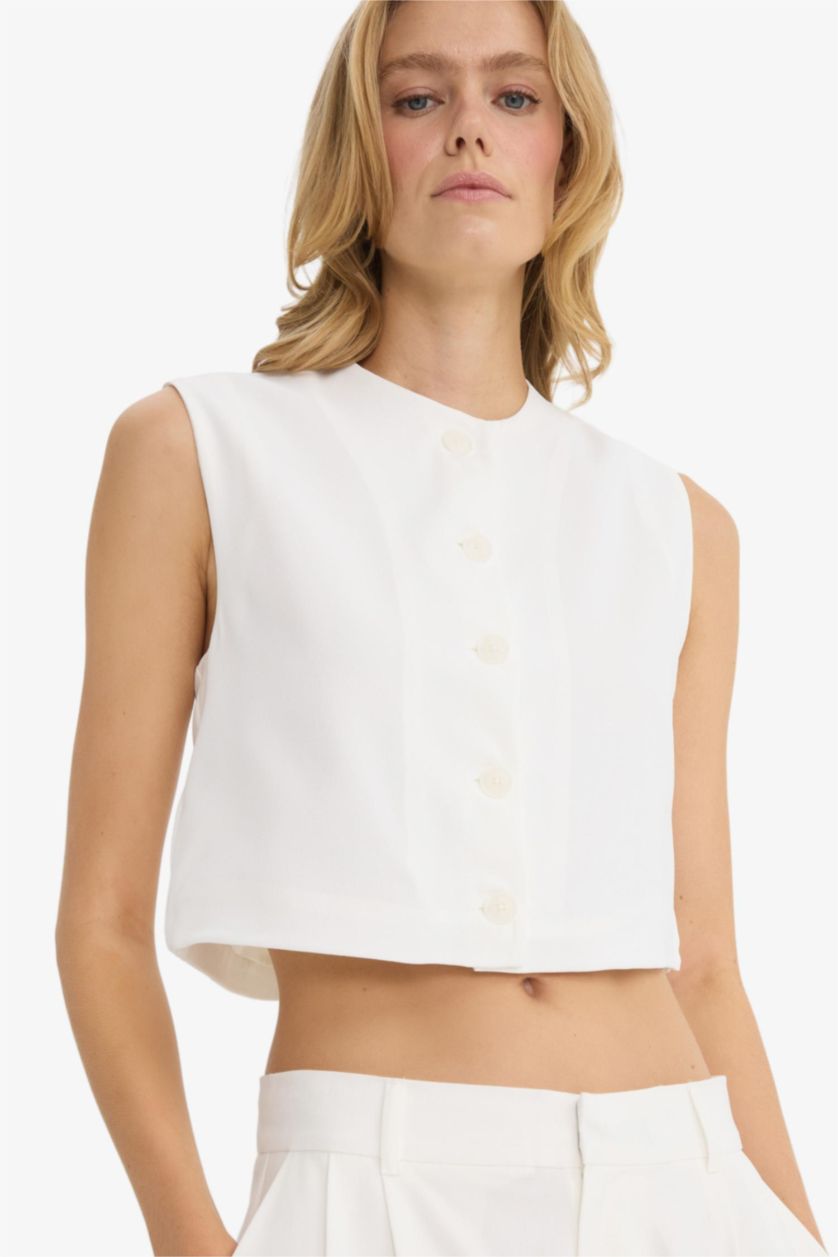 Әйелдерге экру қысқартылған пішім дөңгелек жаға креп Жилет