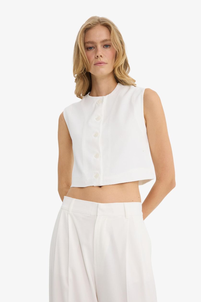 Әйелдерге экру қысқартылған пішім дөңгелек жаға креп Жилет