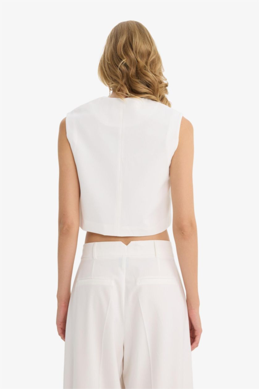 Әйелдерге экру қысқартылған пішім дөңгелек жаға креп Жилет