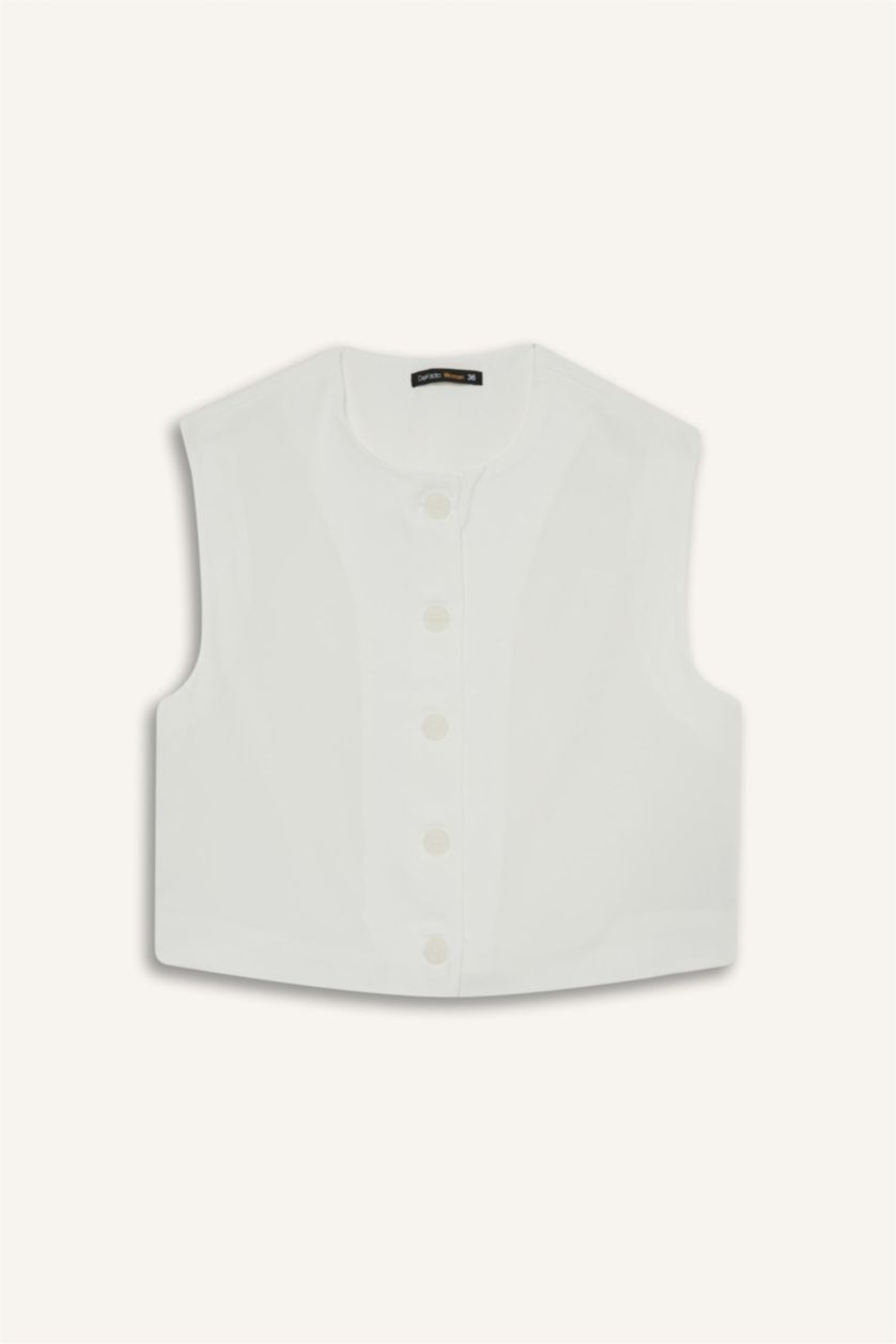 Әйелдерге экру қысқартылған пішім дөңгелек жаға креп Жилет