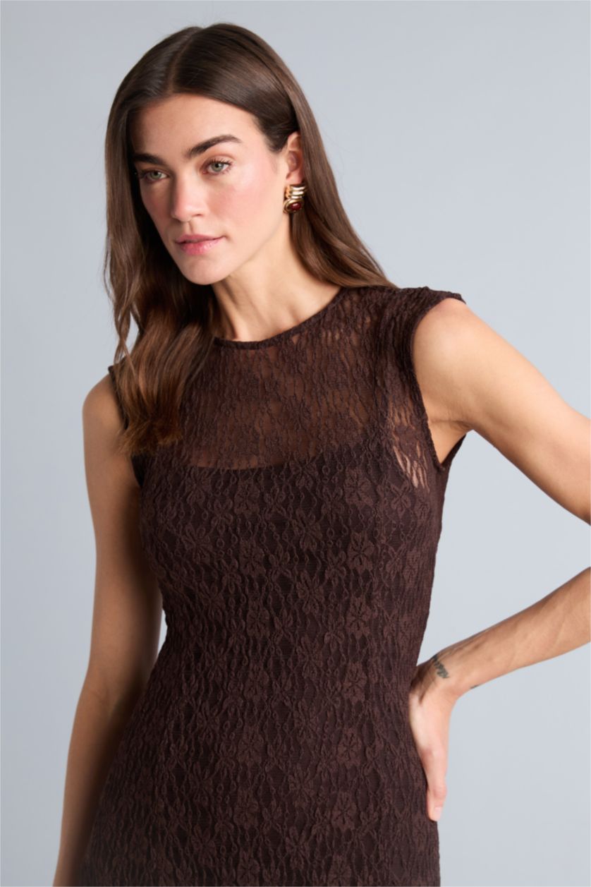 Kadın Kahve Oversize Fıtted Bisiklet Yaka Dantel Kısa Kollu Maxi Elbise