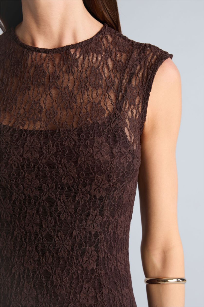 Kadın Kahve Oversize Fıtted Bisiklet Yaka Dantel Kısa Kollu Maxi Elbise