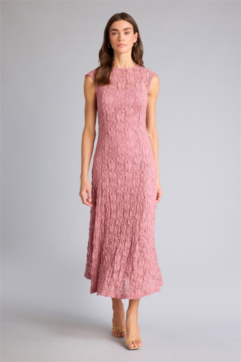 Әйелдерге Раушан Платье макси Fitted с круглым вырезом кружевом и коротким рукавом