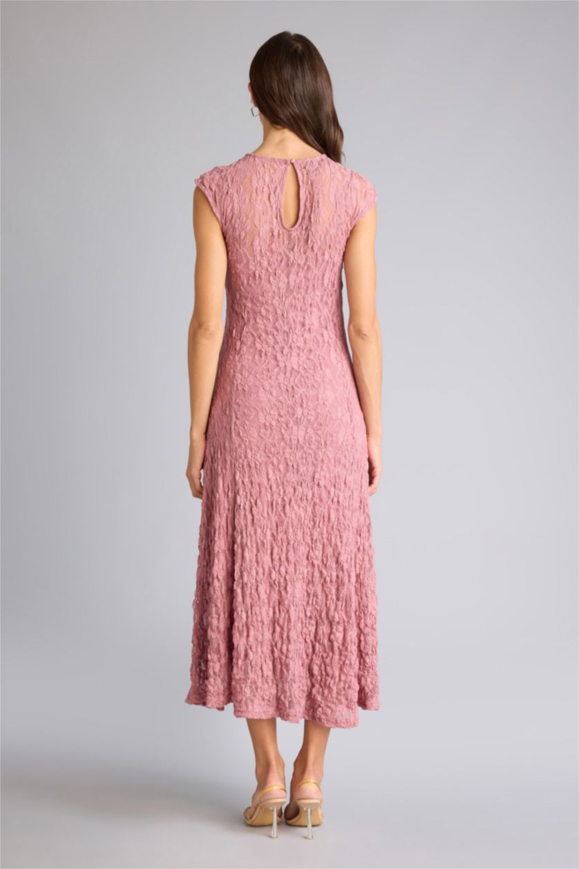 Әйелдерге Раушан Платье макси Fitted с круглым вырезом кружевом и коротким рукавом