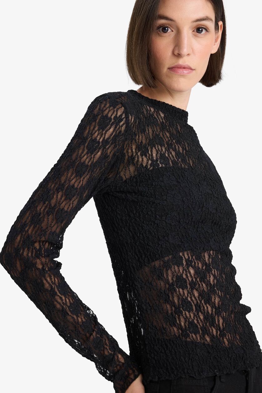 Женщины Черный Блузка Slim Fit с обтягивающим силуэтом и длинными рукавами из кружева