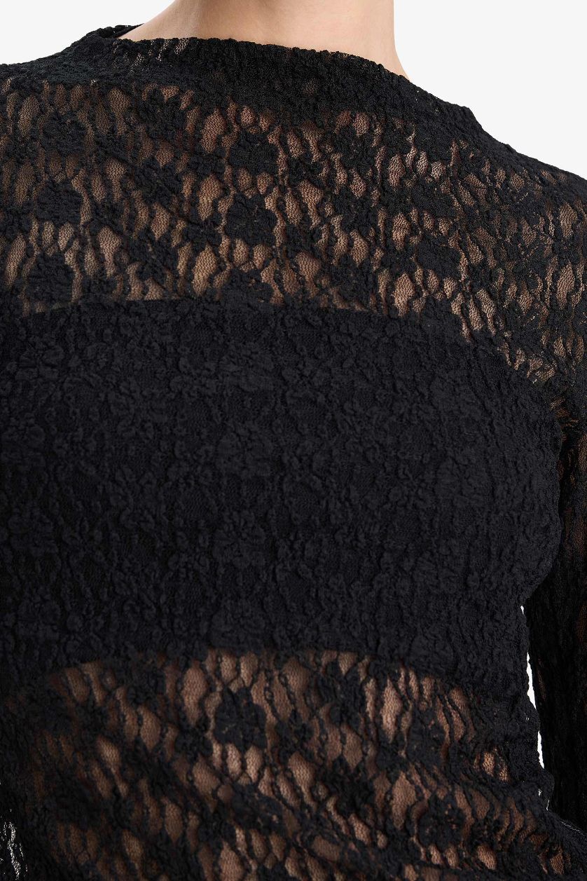 Женщины Черный Блузка Slim Fit с обтягивающим силуэтом и длинными рукавами из кружева