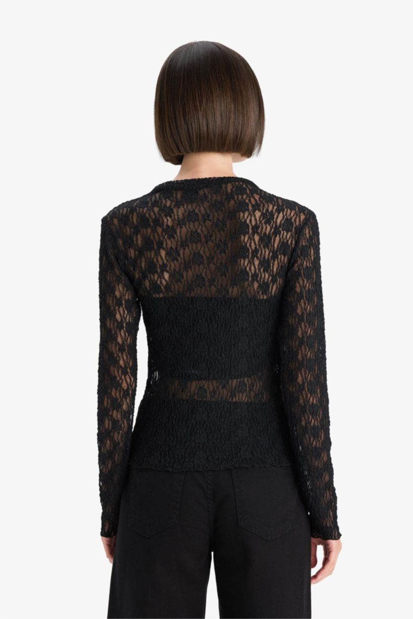 Женщины Черный Блузка Slim Fit с обтягивающим силуэтом и длинными рукавами из кружева