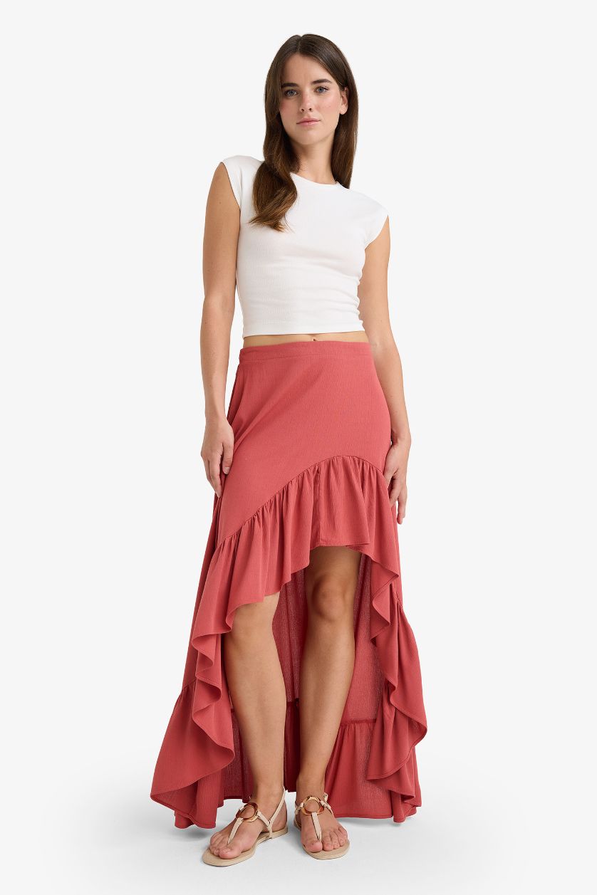Woman Light Bordeaux Asymmetric Crinkle Fabric Normal Waist Midi Skirt