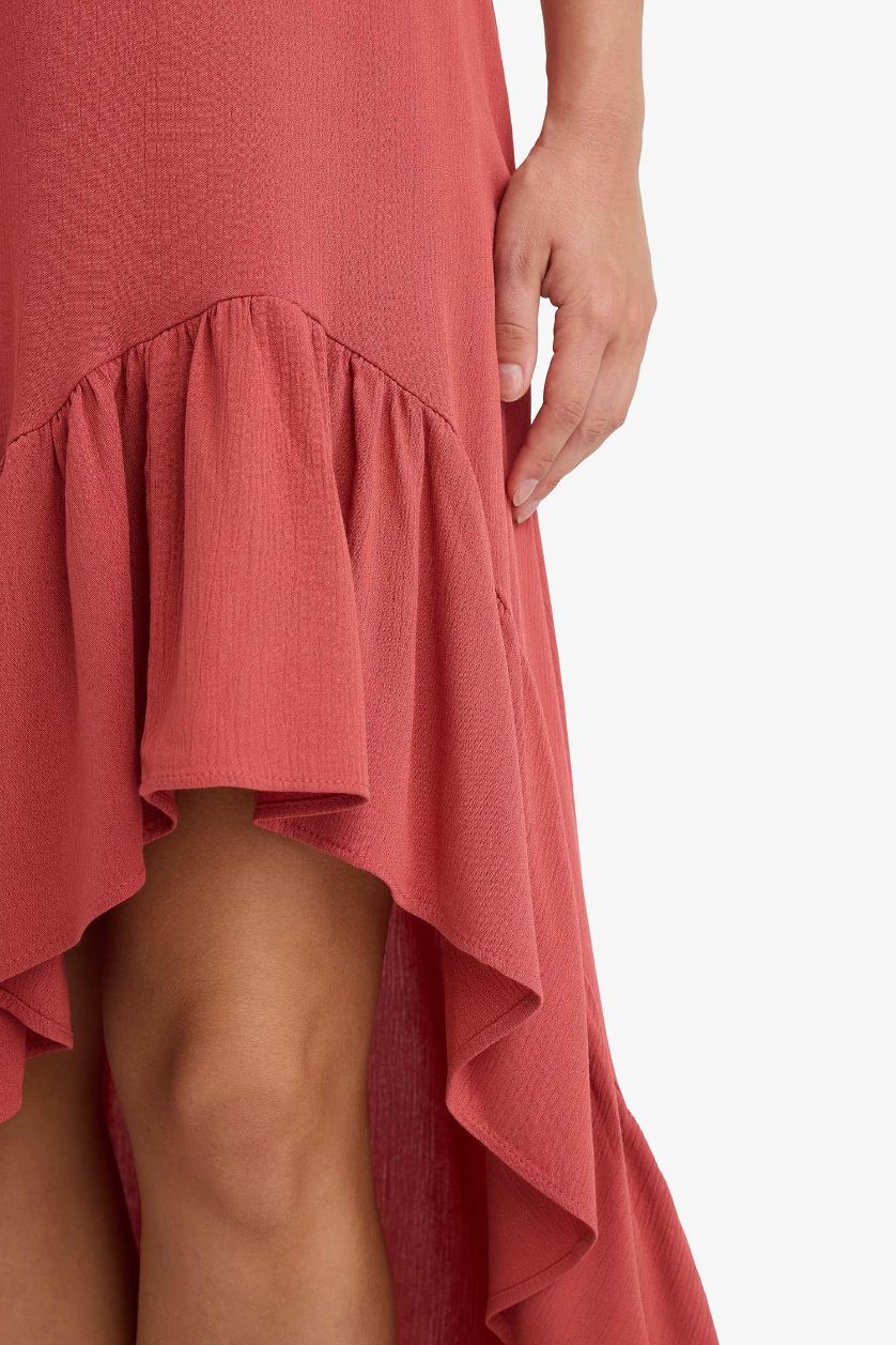 Woman Light Bordeaux Asymmetric Crinkle Fabric Normal Waist Midi Skirt