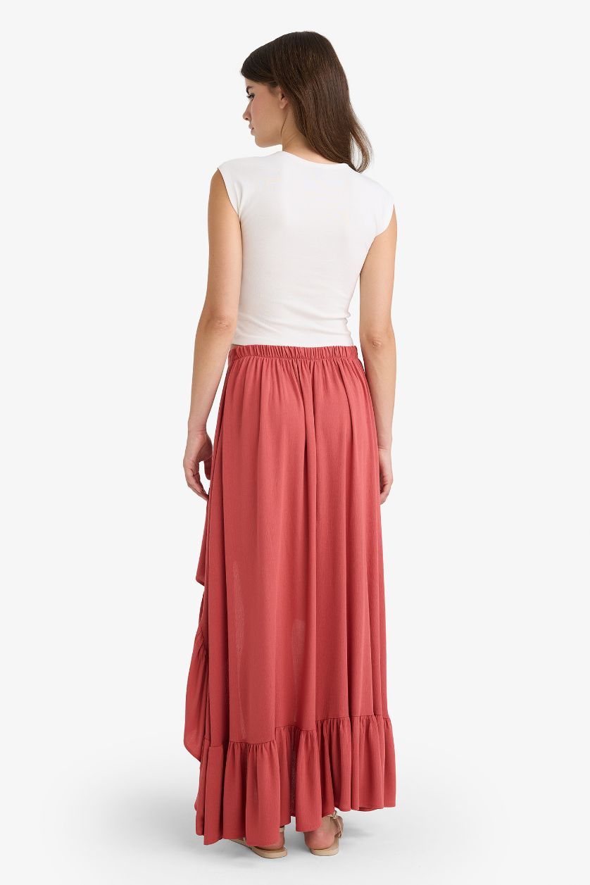 Woman Light Bordeaux Asymmetric Crinkle Fabric Normal Waist Midi Skirt