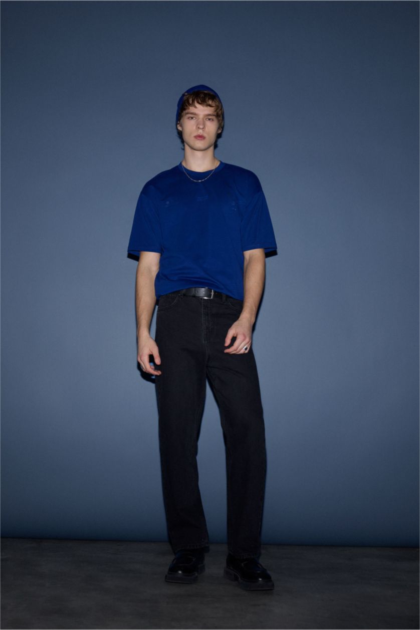 Erkek Saks %100 Pamuk Boxy Fıt Baskılı Tişört