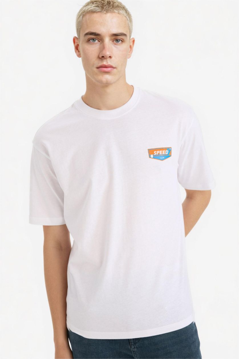 Erkek Beyaz %100 Pamuk Boxy Fıt Baskılı Tişört