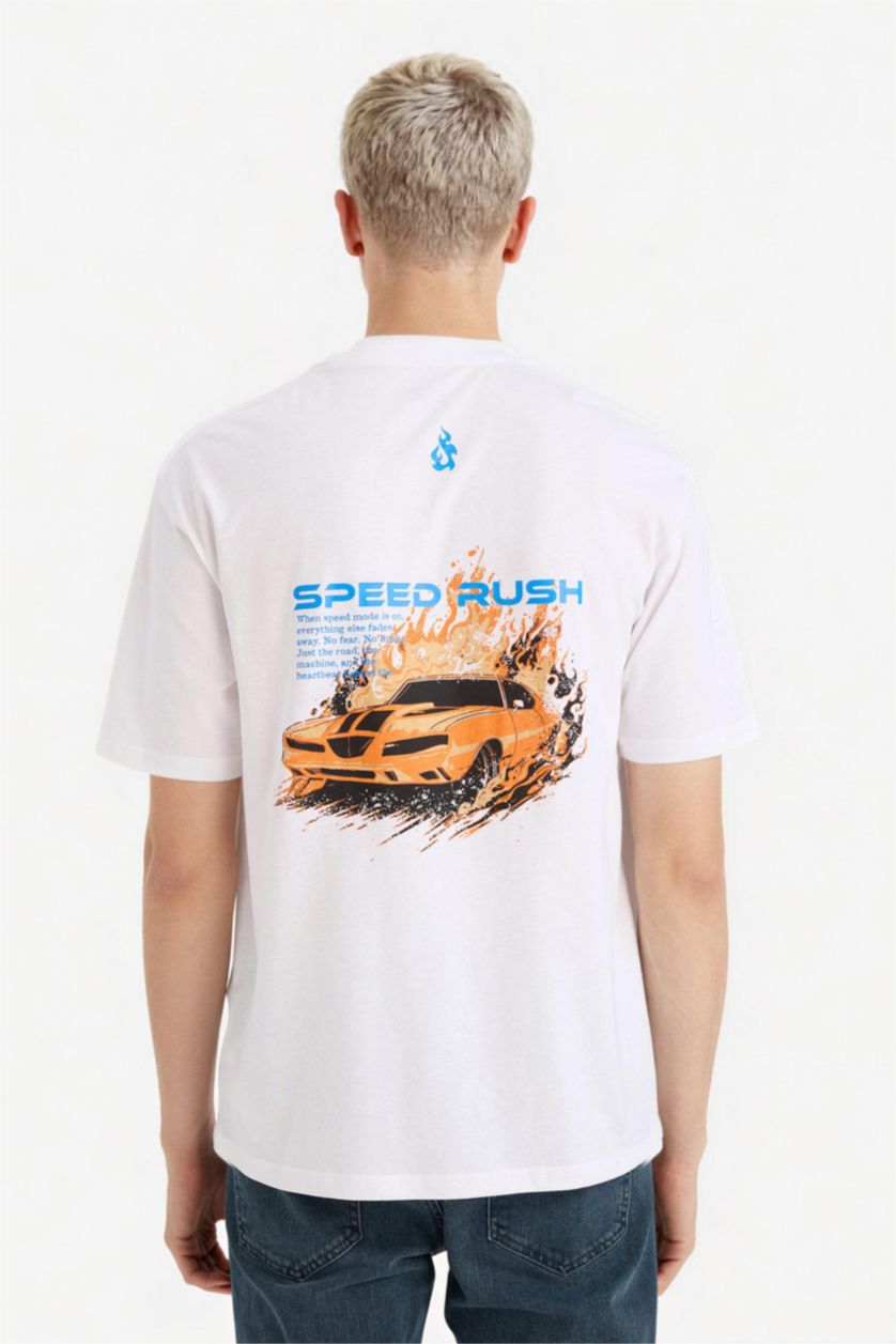 Erkek Beyaz %100 Pamuk Boxy Fıt Baskılı Tişört