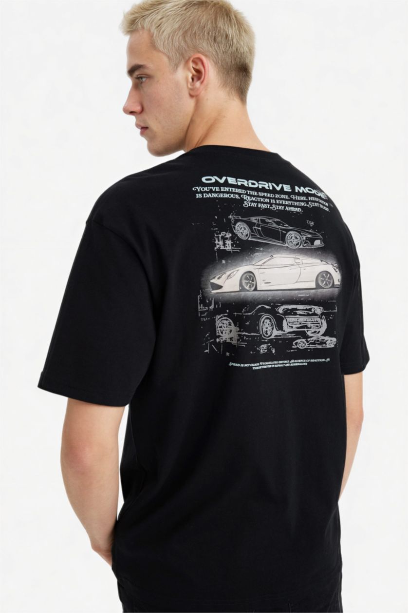 Erkek Siyah %100 Pamuk Boxy Fit Baskılı Tişört