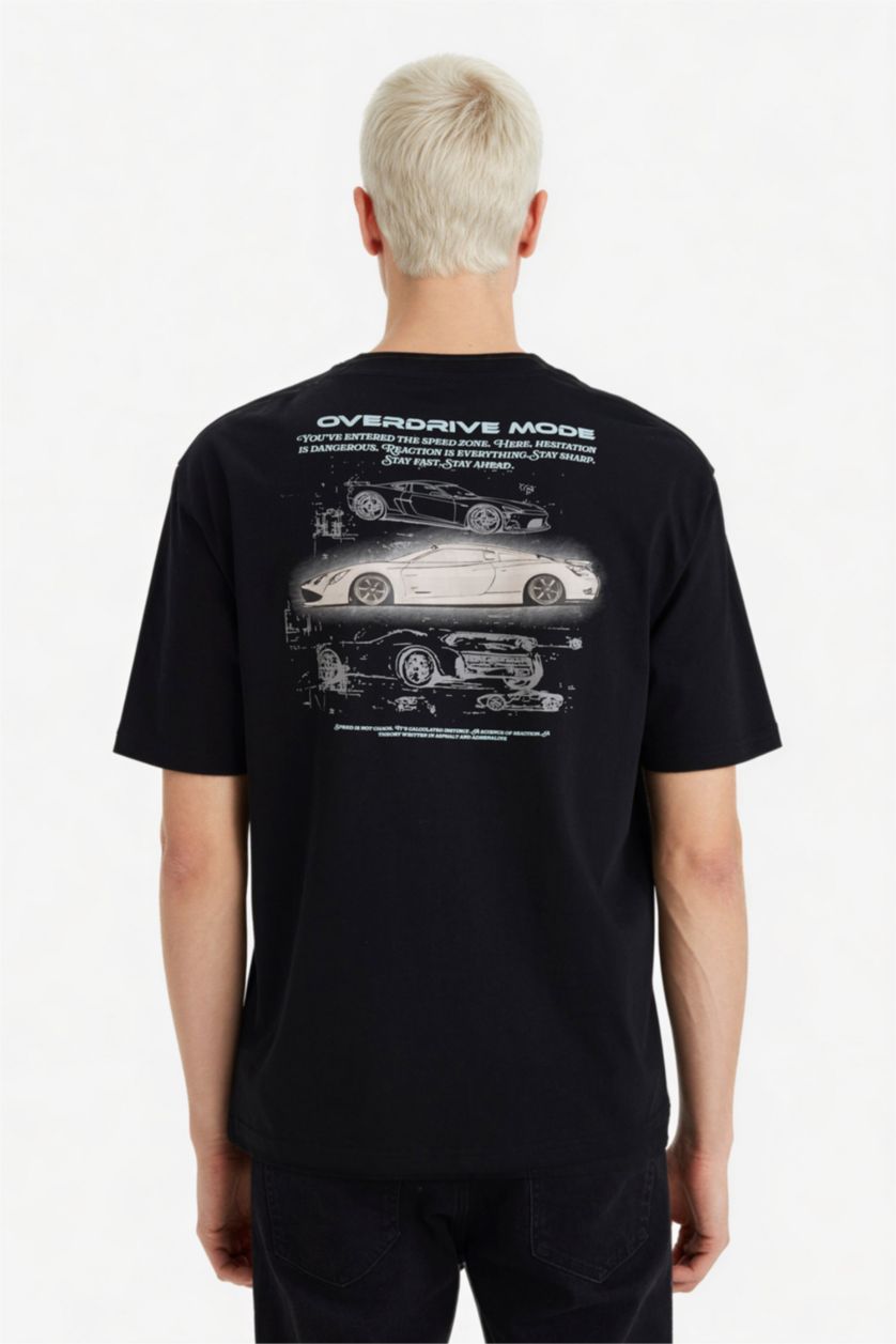 Erkek Siyah %100 Pamuk Boxy Fit Baskılı Tişört