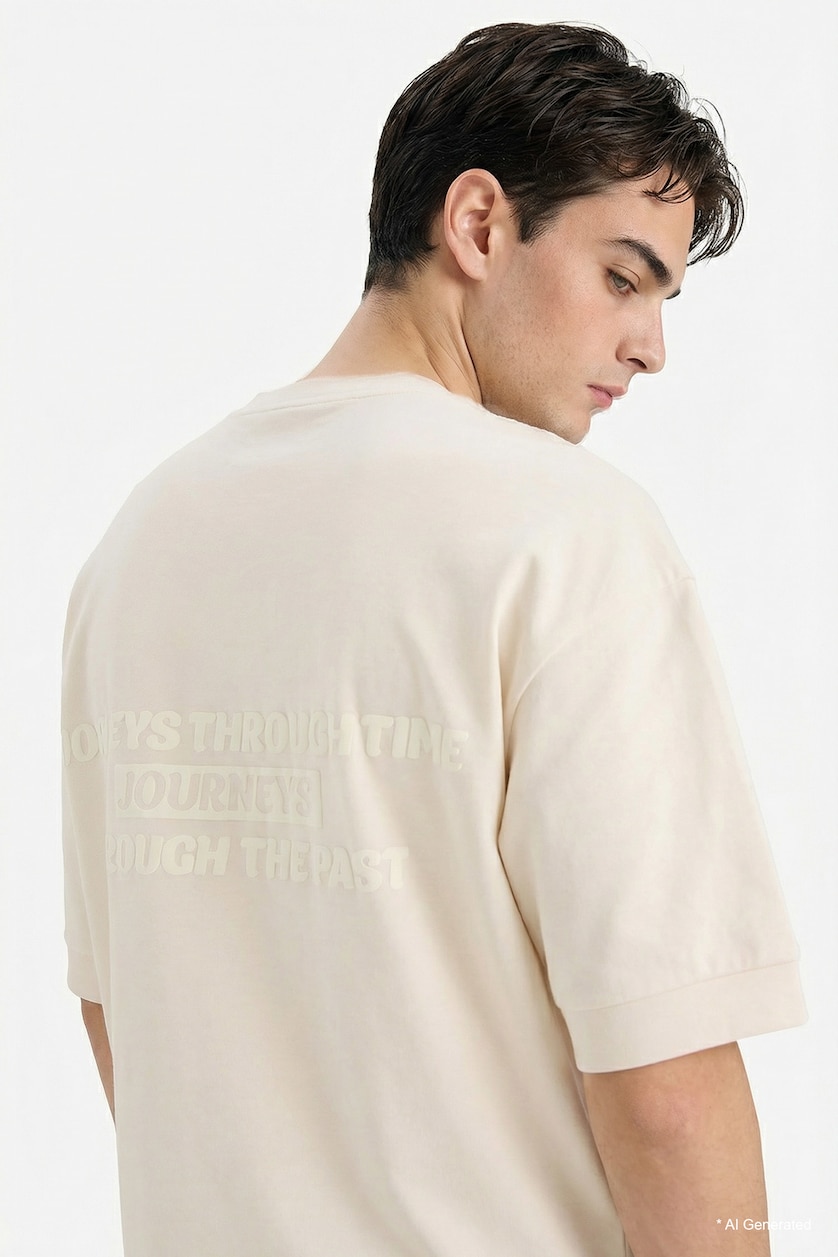 Erkek Ekru Pamuklu Nefes Alabilen Loose Fit Baskılı Tişört