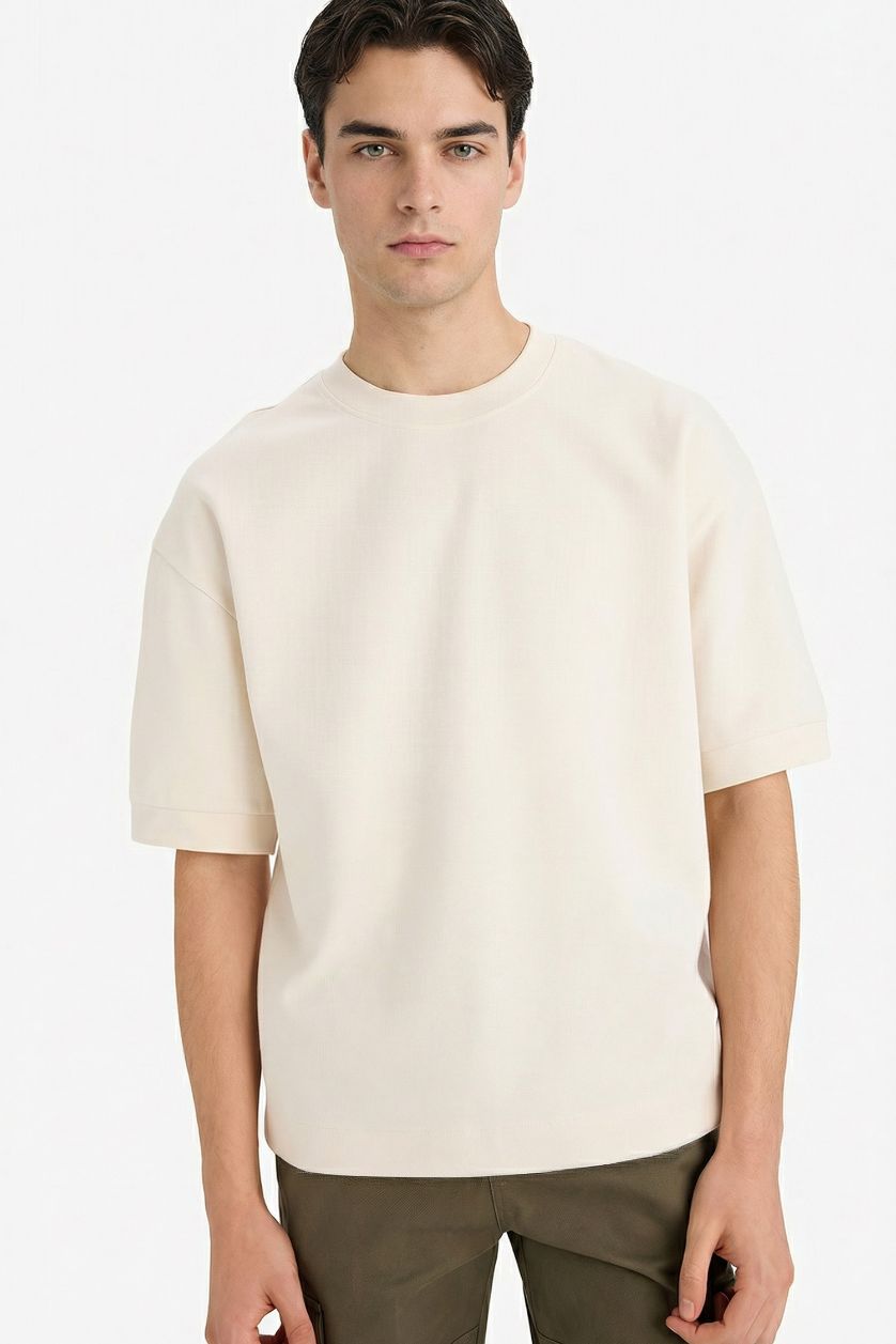 Erkek Ekru Nefes Alabilen Loose Fit Baskılı Tişört