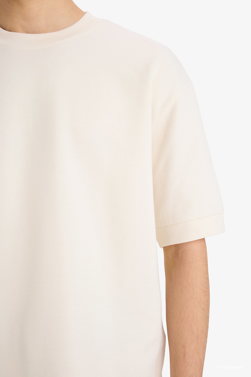 Erkek Ekru Pamuklu Nefes Alabilen Loose Fit Baskılı Tişört