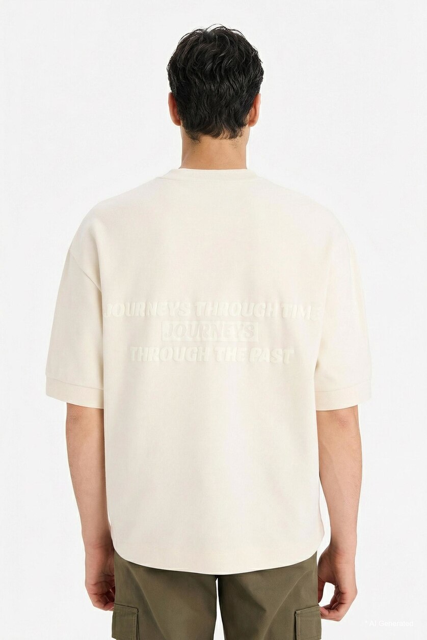 Erkek Ekru Pamuklu Nefes Alabilen Loose Fit Baskılı Tişört