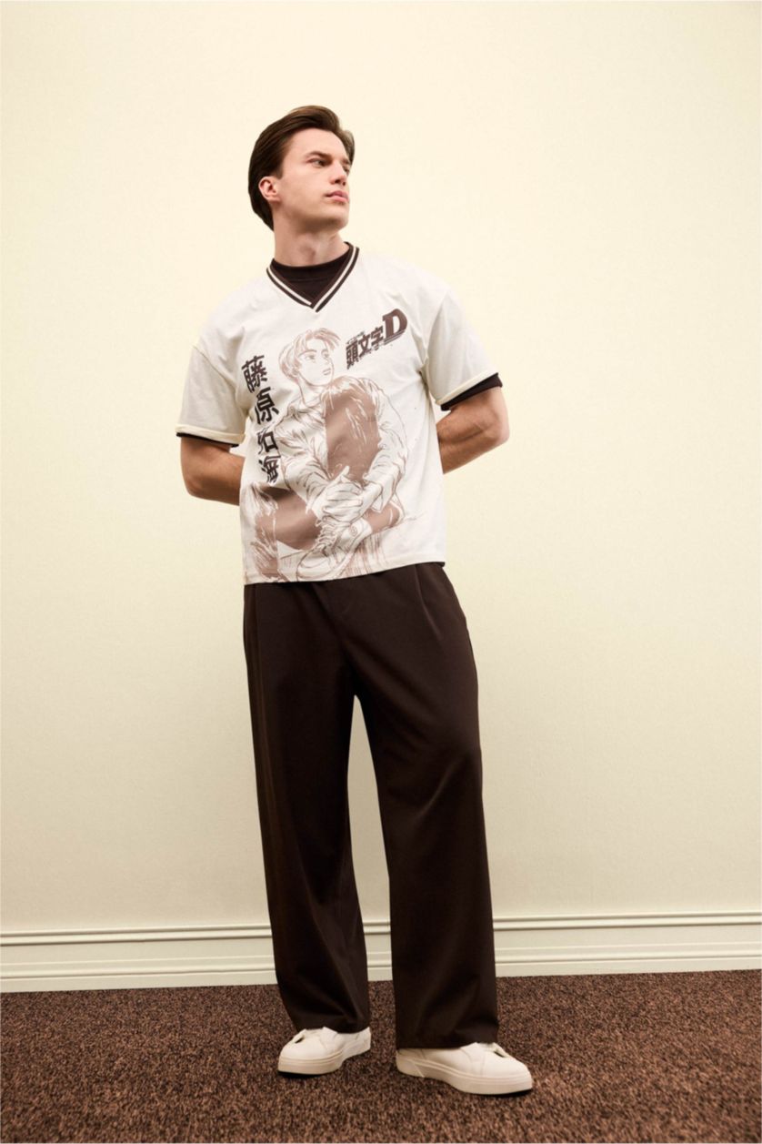 MAN Ecru Initial D Loose Fit V-Neck Short Sleeve T-Shirt