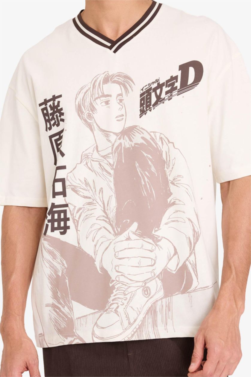 MAN Ecru Initial D Loose Fit V-Neck Short Sleeve T-Shirt