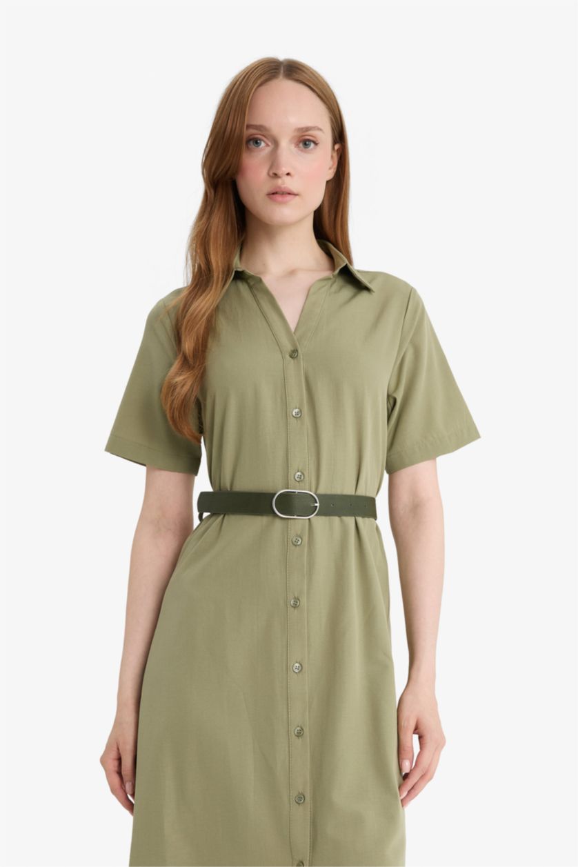 Kadın Haki Gömlek Yaka Poplin Kısa Kollu Elbise