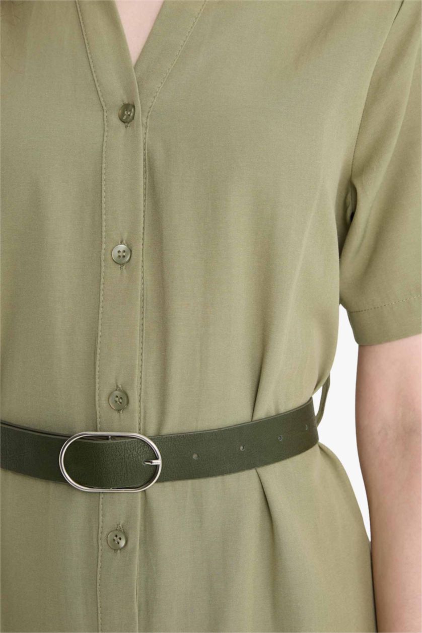 Kadın Haki Gömlek Yaka Poplin Kısa Kollu Elbise