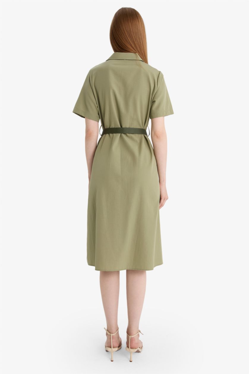 Kadın Haki Gömlek Yaka Poplin Kısa Kollu Elbise
