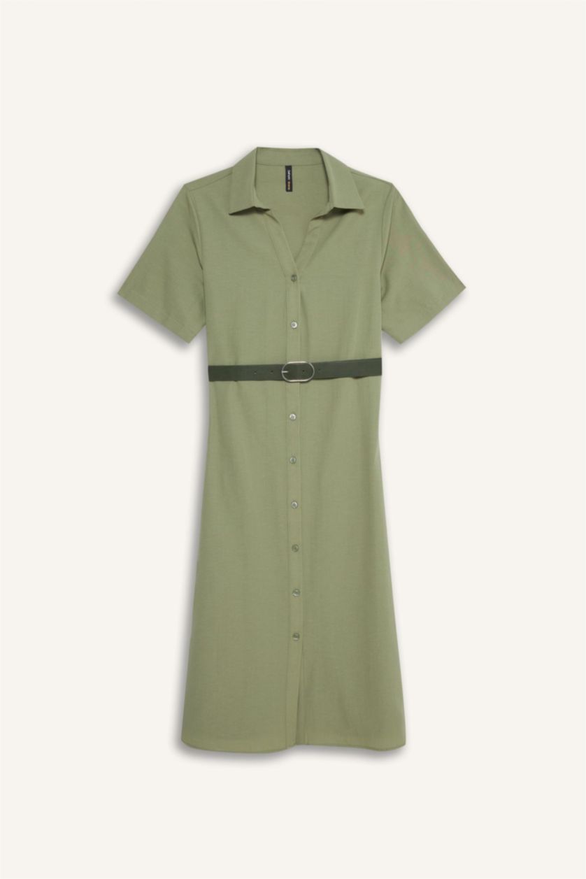 Kadın Haki Gömlek Yaka Poplin Kısa Kollu Elbise