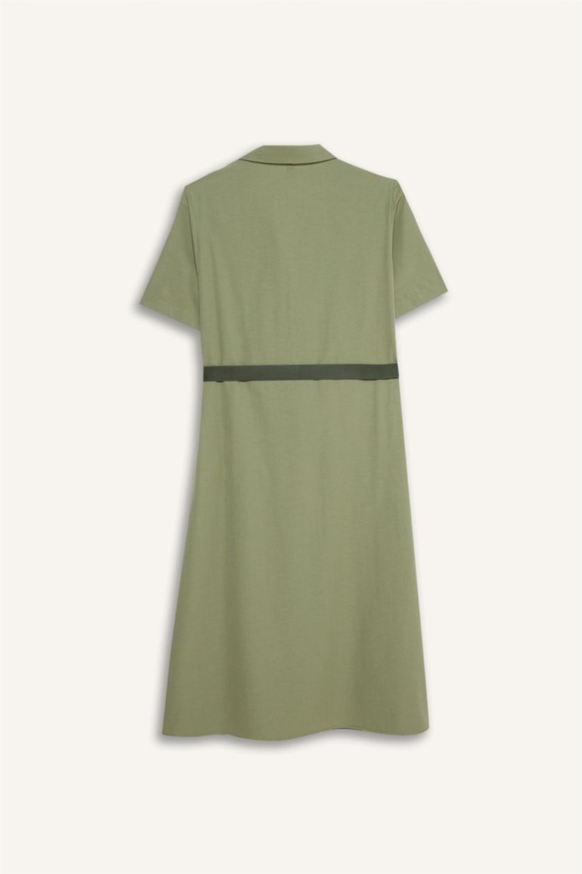 Kadın Haki Gömlek Yaka Poplin Kısa Kollu Elbise