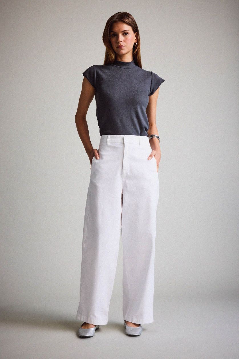 Kadın Beyaz Barrel Fıt Çift Cepli Yüksek Bel Düz Paça Gabardin Pantolon